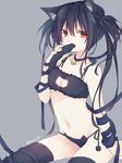  animal_ears arm_ribbon bangs bell bell_choker biting black_hair black_legwear black_panties blue_ribbon blush breasts cat_cutout cat_ear_panties cat_ears cat_lingerie choker cleavage_cutout fang frills grey_background highres holding_own_tail jingle_bell kuroi_(liar-player) long_hair looking_at_viewer medium_breasts meme_attire navel open_mouth original panties red_eyes ribbon side-tie_panties simple_background sitting slit_pupils solo stomach tail tail_biting thighhighs twintails twitter_username underwear underwear_only wrist_ribbon 