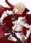  armor artist_name belt blonde_hair brown_eyes cape maria-sama_ga_miteru motion_blur parted_lips satou_sei short_hair solo sword tachibana_chata weapon 