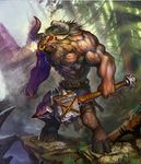  3_fingers abs angry axe barefoot beard belt biceps big_muscles blood bright_eyes brown_skin clenched_teeth clothing detailed detailed_background digital_media_(artwork) facial_hair forestt hammer hi_res hooves legband llewiart loincloth looking_away male melee_weapon minutoaur muscular nature no_pupils nose_earing outside pecs red_eyes sky solo standing teeth tools topless vein weapon 