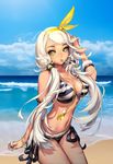  ahoge arched_back armlet bangle bangs beach bikini blade_&amp;_soul bracelet breasts candy cloud covered_nipples day eyelashes fingernails food hair_ribbon hair_tubes hair_tucking jewelry kim_hyung_tae lollipop long_fingernails long_hair looking_at_viewer low_twintails medium_breasts midriff navel necklace ocean official_art outdoors ribbon ring shiny shiny_skin sky solo striped striped_bikini swept_bangs swimsuit twintails very_long_hair white_hair yellow_eyes 