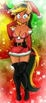 2015 anthro belt black_hair blonde_hair blue_eyes boots breasts christmas cleavage clothed clothing danmakuman elbow_gloves equine fan_character female footwear gloves hair hat help_desk_(oc) holidays horn looking_at_viewer mammal multicolored_hair my_little_pony ponyguy67 santa_hat snow solo two_tone_hair unicorn 