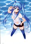  aoki_hagane_no_arpeggio blue_eyes blue_hair blue_legwear breasts covered_nipples highres long_hair looking_at_viewer medium_breasts mole mole_under_mouth mutsumi_masato nipples red_shorts see-through shorts solo takao_(aoki_hagane_no_arpeggio) thighhighs twintails 