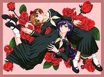  black_footwear black_skirt blue_hair bobby_socks brown_hair enu_(ninjinkirai) floral_background flower frame fukuzawa_yumi full_body hair_ribbon hands_together long_hair long_skirt long_sleeves maria-sama_ga_miteru mary_janes multiple_girls ogasawara_sachiko parted_lips pink_background pleated_skirt red_flower red_ribbon red_rose ribbon rose school_uniform serafuku shoes signature skirt socks twintails white_legwear 