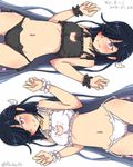  2girls ass_visible_through_thighs bare_shoulders bell black_bra black_hair black_panties blush bra cat_cutout cat_ear_panties cat_lingerie cleavage_cutout dated dual_persona hair_over_one_eye hayashimo_(kantai_collection) jingle_bell kantai_collection long_hair looking_at_viewer meme_attire multiple_girls navel panties purple_eyes ru2n131 shiny shiny_skin side-tie_panties simple_background smile stomach sweat thigh_gap thighs twitter_username underwear underwear_only very_long_hair white_background white_bra white_panties wrist_cuffs 