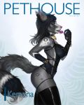  2018 anthro bdsm breasts candy canine clothing collar cover digital_media_(artwork) female food fox harness kersona legwear licking lollipop looking_at_viewer magazine_cover mammal neutral_nt pasties solo stockings tongue tongue_out 