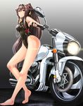  8000 alternate_costume barefoot breasts brown_eyes brown_hair cherry_blossoms competition_swimsuit ground_vehicle highres kantai_collection large_breasts leaning_against_motorcycle long_hair mizuno motor_vehicle motorcycle one-piece_swimsuit petals ponytail solo standing swimsuit yamato_(kantai_collection) 