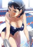  bangs black_eyes black_hair blue_swimsuit blush breasts cleavage collarbone competition_school_swimsuit hair_ornament hairclip kirigaya_suguha lane_line large_breasts leaning_forward looking_at_viewer off_shoulder one-piece_swimsuit open_mouth pool pool_ladder school_swimsuit shiny short_hair solo strap_slip swimsuit sword_art_online tashiromotoi taut_clothes taut_swimsuit teeth wet wet_hair 