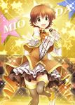  brown_eyes brown_hair honda_mio idolmaster idolmaster_cinderella_girls looking_at_viewer ment microphone middle_w open_mouth short_hair smile solo stage_of_magic thighhighs w 