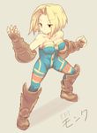  bare_shoulders blonde_hair blue_eyes boots breasts cleavage final_fantasy final_fantasy_tactics full_body gloves highres kamuran large_breasts monk_(fft) short_hair simple_background solo unitard 