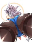  ass black_legwear blue_eyes blue_leotard close-up crotch duplicate from_below highres izayoi_sakuya leotard looking_at_viewer maid_headdress pantyhose partially_visible_vulva shiny silver_hair simple_background solo tajima_yuuki thighband_pantyhose touhou white_background 