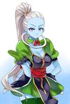  bad_id bad_pixiv_id blue_skin breasts cleavage collar cowboy_shot dragon_ball dragon_ball_super gloves green_gloves hair_pulled_back high_ponytail large_breasts long_hair purple_eyes smile solo thighhighs vados_(dragon_ball) very_long_hair white_hair yostxxx 