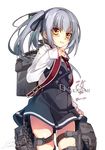  belt blouse buttons character_name dress grey_hair hair_ribbon kantai_collection kasumi_(kantai_collection) looking_at_viewer pinafore_dress remodel_(kantai_collection) ribbon school_uniform shirokitsune side_ponytail signature simple_background solo thigh_strap torpedo twitter_username weapon white_background yellow_eyes 