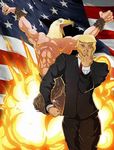  american_flag araki_hirohiko_(style) bald bald_eagle bird blonde_hair donald_trump eagle explosion fire formal jojo_no_kimyou_na_bouken jojo_pose manly muscle parody politician pose real_life stand_(jojo) suit 