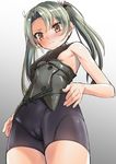  bike_shorts blush breasts brown_eyes cameltoe covered_nipples duplicate from_below green_hair ipuu_(el-ane_koubou) kantai_collection long_hair sideboob small_breasts solo twintails zuikaku_(kantai_collection) 