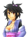  black_hair breasts brown_eyes cleavage collarbone fujibayashi_shiina large_breasts long_hair looking_at_viewer lowres ponytail senpukuchuu short_hair simple_background smile solo tales_of_(series) tales_of_symphonia white_background 