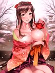  :d areola_slip areolae breasts brown_eyes brown_hair bust_cup floral_print holding huge_breasts japanese_clothes long_hair long_sleeves nishieda off_shoulder open_mouth original petals smile solo teapot 