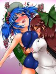  backpack bag bearhug bird_wings black_wings blue_eyes blue_hair blush bow breast_smother breasts brown_hair closed_eyes covered_nipples hair_bobbles hair_bow hair_ornament hat highres kawashiro_nitori large_breasts multiple_girls one-piece_swimsuit puffy_sleeves reiuji_utsuho ryona saliva school_swimsuit shirt skirt swimsuit tears touhou translation_request twintails two_side_up wings yazuki_gennojou yuri 