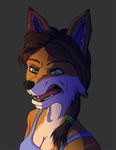  anthro breasts brown_hair canine clothed clothing disgust essjayc fangs female fox fur green_eyes hair looking_at_viewer mammal open_mouth orange_fur simple_background solo teeth tongue white_fur 