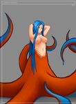  blue_hair breasts female hair hands_behind_head human hybrid mammal monster monster_girl navel nipples orange_eyes ragon_lear smile solo tentacles 