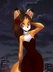  2016 ahoge breasts brown_hair canine city cleavage clothed clothing cloud detailed_background digital_media_(artwork) dress female flower fox fur hair hand_behind_head inner_ear_fluff jewelry looking_at_viewer mammal moon moxaji multicolored_fur necklace orange_fur outside plant rose smile solo star two_tone_fur white_fur 
