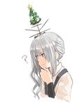  ? antennae arm_warmers bauble blush chin_grab christmas_ornaments christmas_tree christmas_wreath commentary_request grey_hair hair_ribbon headgear jpeg_artifacts kantai_collection kasumi_(kantai_collection) keionism long_hair ribbon school_uniform shaded_face shirt side_ponytail simple_background solo star suspenders thinking upper_body white_background 