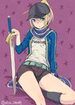  ahoge artoria_pendragon_(all) baseball_cap blonde_hair blue_scarf blush boots excalibur fate_(series) green_eyes hat jacket looking_at_viewer mysterious_heroine_x ponytail rojiura_satsuki:_chapter_heroine_sanctuary scarf shorts sitting solo sword track_jacket type-moon utu_(ldnsft) weapon 