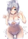  animal_ears blue_eyes blush bra breasts cat_cutout cat_ear_panties cat_ears cat_lingerie cleavage cleavage_cutout eyes_visible_through_hair hair_ornament hair_over_one_eye hairclip hamakaze_(kantai_collection) kantai_collection konkito large_breasts looking_at_viewer meme_attire navel panties paw_pose short_hair side-tie_panties silver_hair sketch solo thighhighs underwear underwear_only white_bra white_legwear white_panties 