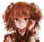  bell bespectacled brown_eyes face glasses hair_bell hair_ornament highres kar_(kar_t_t_t) looking_at_viewer motoori_kosuzu open_mouth orange_hair portrait simple_background smile solo touhou two_side_up white_background wrist_cuffs 