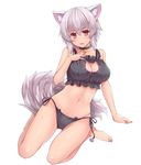  animal_ears barefoot bell bell_collar black_bra black_panties blush bra breasts cat_cutout cat_ear_panties cat_lingerie cleavage_cutout collar collarbone d: duplicate full_body hand_on_own_chest hasu_(hk_works) inubashiri_momiji jingle_bell large_breasts meme_attire navel open_mouth panties red_eyes short_hair side-tie_panties simple_background sitting solo tail touhou underwear underwear_only wariza white_background white_hair wolf_ears wolf_tail 