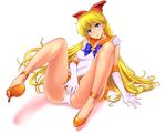  aino_minako bishoujo_senshi_sailor_moon blonde_hair blue_eyes choker circlet elbow_gloves gloves hair_ribbon high_heels highres long_hair masturbation orange_choker orange_sailor_collar panties ribbon sailor_collar sailor_senshi_uniform sailor_venus school_uniform serafuku sitting solo sonota_taisei spread_legs strappy_heels underwear 