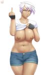  apple breasts cowboy_shot dark_skin denim denim_shorts fingerless_gloves food fruit gilda gloves highres hips large_breasts lips lvl_(sentrythe2310) middle_finger my_little_pony navel nipples personification purple_hair shirt_lift short_hair short_shorts shorts signature simple_background solo thighs toned white_background 