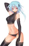  arm_up asymmetrical_hair bare_shoulders blue_hair breasts elbow_gloves gloves hair_ornament hand_behind_head highres kyuusui_gakari medium_breasts midriff open_mouth original panties purple_eyes short_hair solo thighhighs turtleneck underwear 