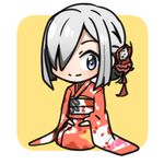  alternate_costume blue_eyes chibi flower hair_flower hair_ornament hair_over_one_eye hairclip hamakaze_(kantai_collection) hands_on_legs japanese_clothes kantai_collection kawabatake kimono long_sleeves looking_at_viewer obi sash seiza short_hair silver_hair sitting smile solo wide_sleeves 