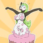  anthro blush breasts cake eyelashes food green_hair hair legendary_pok&eacute;mon long_hair looking_at_viewer meloetta navel nintendo nude one_eye_closed open_mouth pok&eacute;mon pose quin-nsfw solo tongue video_games wink 