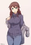  :d bag braid brown_hair casual contemporary denim green_eyes highres jeans kantai_collection kodera_ju long_hair noshiro_(kantai_collection) open_mouth pants ribbed_sweater smile solo sweater turtleneck twin_braids 