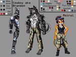  2010 abs anthro armor barefoot black_fur black_hair boots brandon breasts camo canine chain cleavage clothed clothing duo eyewear feline female footwear fur goggles grey_background grey_fur hair hand_on_hip jewelry male mammal military_uniform model_sheet moirai multicolored_hair muscular necklace nipples orange_fur pants red_hair shirt simple_background stripes tank_top tiger tigerlilylucky topless two_tone_hair uniform white_fur wolf 