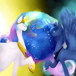  2014 abstract_background blue_eyes blue_feathers blue_fur blue_hair breezy-aria crown cutie_mark duo equine eyes_closed feathered_wings feathers female feral friendship_is_magic fur hair hi_res horn jewelry magic mammal multicolored_hair my_little_pony necklace princess_celestia_(mlp) princess_luna_(mlp) white_feathers white_fur winged_unicorn wings 