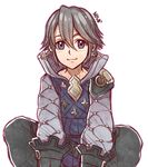  1boy artist_name blush fire_emblem fire_emblem_if gloves grey_hair highres lazward_(fire_emblem_if) male_focus no-shio simple_background sitting solo white_background 