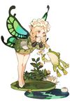  bent_over blonde_hair braid butterfly_wings covering_mouth fairy flower frog hair_flower hair_ornament ingway_(odin_sphere) lily_pad long_hair mercedes odin_sphere plant pointy_ears puff_and_slash_sleeves puffy_sleeves red_eyes standing starshadowmagician tiptoes twin_braids water wings 