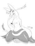 anthro biidama blush breasts cum cum_in_pussy cum_inside female kneeling mammal mienshao monochrome nintendo nipples nude open_mouth pok&eacute;mon pussy simple_background solo thick_thighs tongue tongue_out video_games white_background 