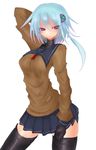  arm_up asymmetrical_hair blue_hair commentary_request gloves hair_ornament hand_behind_head highres kyuusui_gakari neckerchief open_mouth original pleated_skirt purple_eyes school_uniform serafuku short_hair skirt solo thighhighs turtleneck 