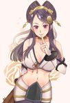  beige_background blush breasts cleavage earrings fire_emblem fire_emblem_if hair_ornament hair_stick hairpods highres jewelry large_breasts long_hair no-shio orochi_(fire_emblem_if) purple_eyes purple_hair simple_background solo 