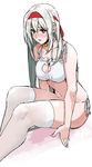  bell blush breasts brown_eyes cat_cutout cat_lingerie cleavage_cutout jingle_bell kantai_collection large_breasts long_hair looking_at_viewer meme_attire panties red_eyes ruuto_(sorufu) shoukaku_(kantai_collection) side-tie_panties silver_hair sitting solo thighhighs underwear underwear_only 