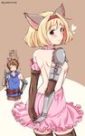  1girl akari_seisuke animal_ears ass back backless_outfit bare_back blonde_hair blush breasts brown_hair brown_legwear cat_ears commentary_request djeeta_(granblue_fantasy) dress erune fighter_(granblue_fantasy) gran_(granblue_fantasy) granblue_fantasy hairband heart highres kemonomimi_mode looking_back pink_dress pink_hairband short_dress short_hair sideboob small_breasts smile thighhighs translation_request twitter_username zettai_ryouiki 