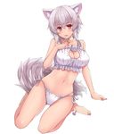  animal_ears barefoot bell bell_collar blush bra breasts cat_cutout cat_ear_panties cat_lingerie cleavage_cutout collar collarbone d: duplicate full_body hand_on_own_chest hasu_(hk_works) inubashiri_momiji jingle_bell large_breasts meme_attire navel open_mouth panties red_eyes short_hair side-tie_panties simple_background sitting solo tail touhou underwear underwear_only wariza white_background white_bra white_hair white_panties wolf_ears wolf_tail 
