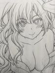  blush breasts cleavage large_breasts monochrome shiwasu_no_okina sketch smile solo 