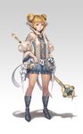 bad_artstation_id bad_id bangs blonde_hair blue_eyes blue_footwear boots character_request detached_sleeves double_bun gradient gradient_background highres looking_at_viewer minj_kim original pointy_ears priest puffy_shorts shadow shorts solo staff standing 