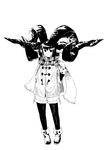  animal_ears bangs boots closed_mouth coat full_body greyscale horns jaco looking_at_viewer monochrome original pantyhose scarf shorts simple_background solo standing white_background 