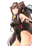  8000 alternate_costume breasts brown_eyes brown_hair cherry_blossoms competition_swimsuit kantai_collection large_breasts long_hair mizuno one-piece_swimsuit petals ponytail solo standing swimsuit yamato_(kantai_collection) 