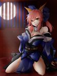  animal_ears bare_shoulders bow breasts cleavage detached_sleeves fate/extra fate_(series) fox_ears full_moon hair_bow hair_ribbon highres japanese_clothes large_breasts lipstick long_hair looking_at_viewer lyrie_luna makeup moon pink_hair ribbon solo tamamo_(fate)_(all) tamamo_no_mae_(fate) twintails yellow_eyes 